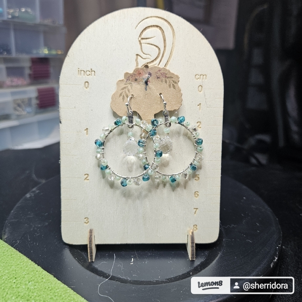 Elegant Silver and Green and crytal  Beaded Hoop Earrings